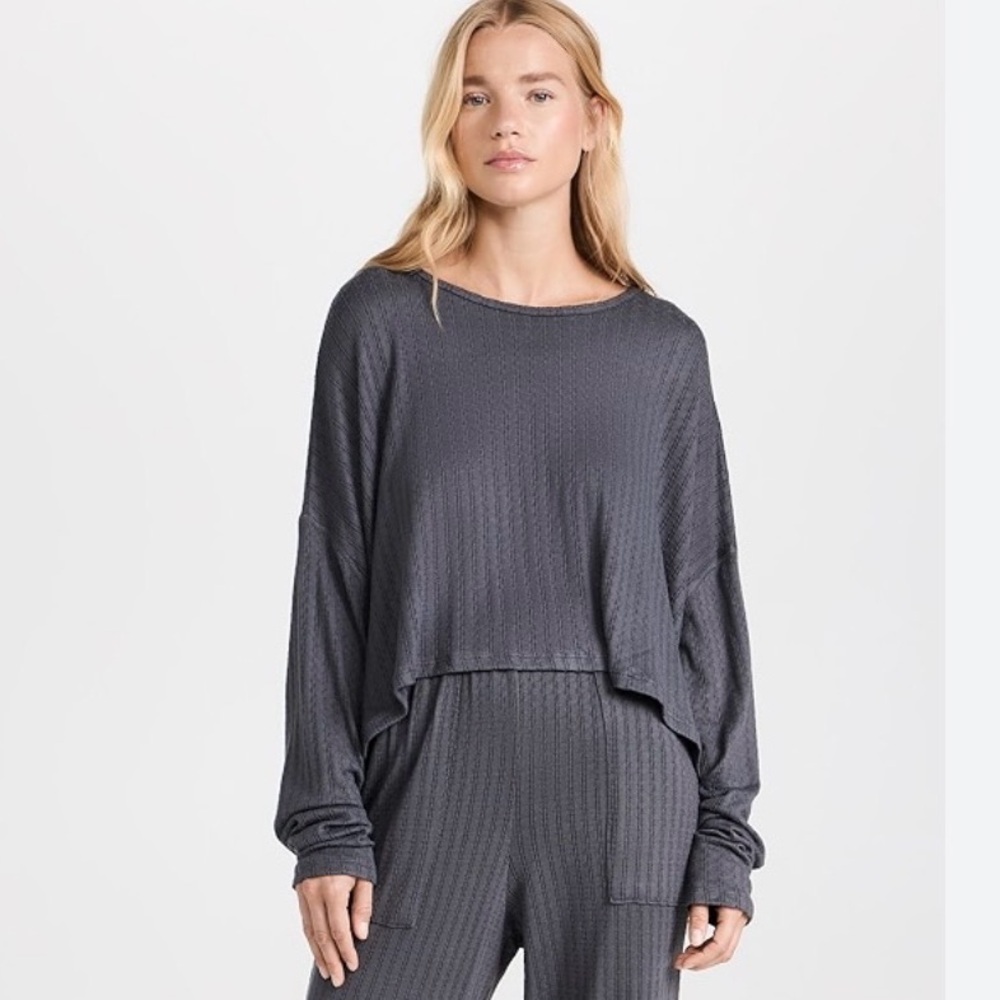 Women's Long Sleeve Waffle Lounge top - Charcoal